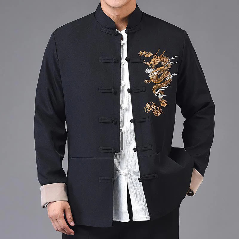 Buddha Stones Embroidery Dragon Frog-Button Desgin Long Sleeve Men's Jacket