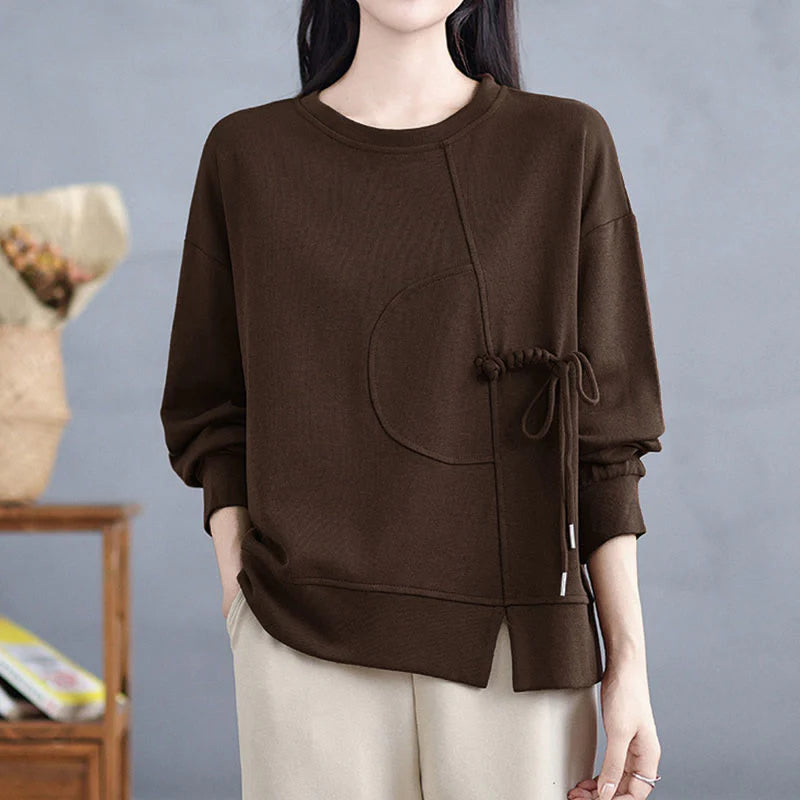 Buddha Stones Plain Frog-button Design Crew Neck Cotton Women's Long Sleeve Sweatshirt