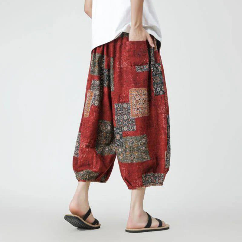 Buddha Stones Summer Square Patchwork Elephant Mandala Geometry Cotton Linen Men's 7-8 Length Pants With Pockets