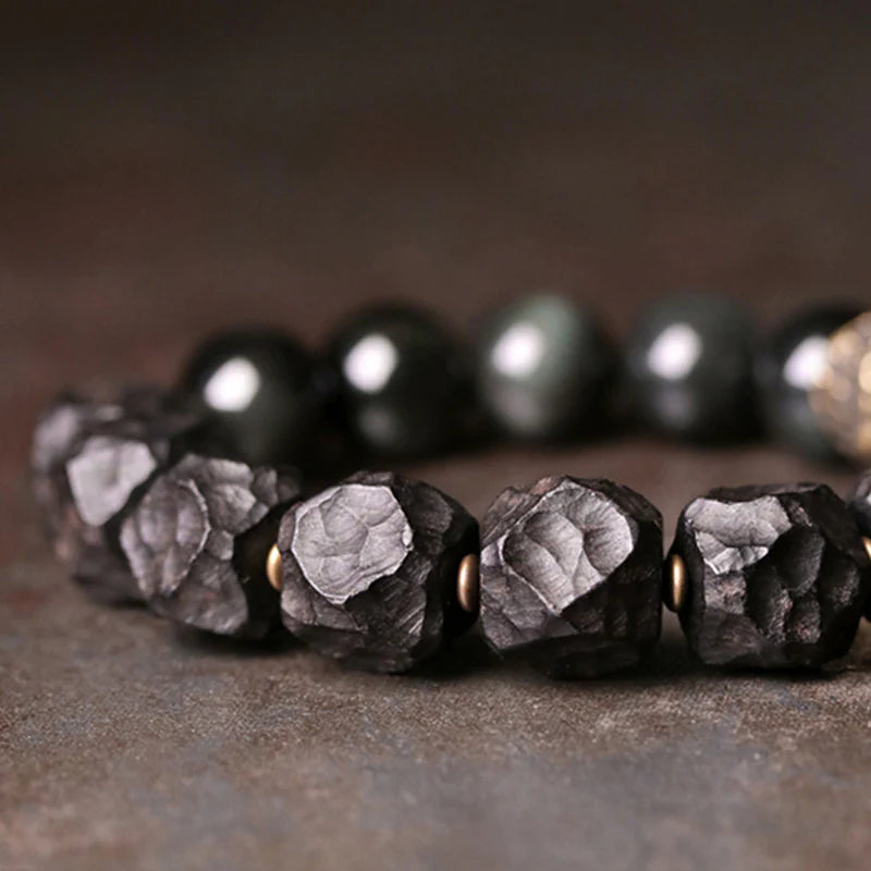 Buddha Stones Black Obsidian Ebony Wood Copper Strength Couple Bracelet (Extra 30% Off | USE CODE: FS30)