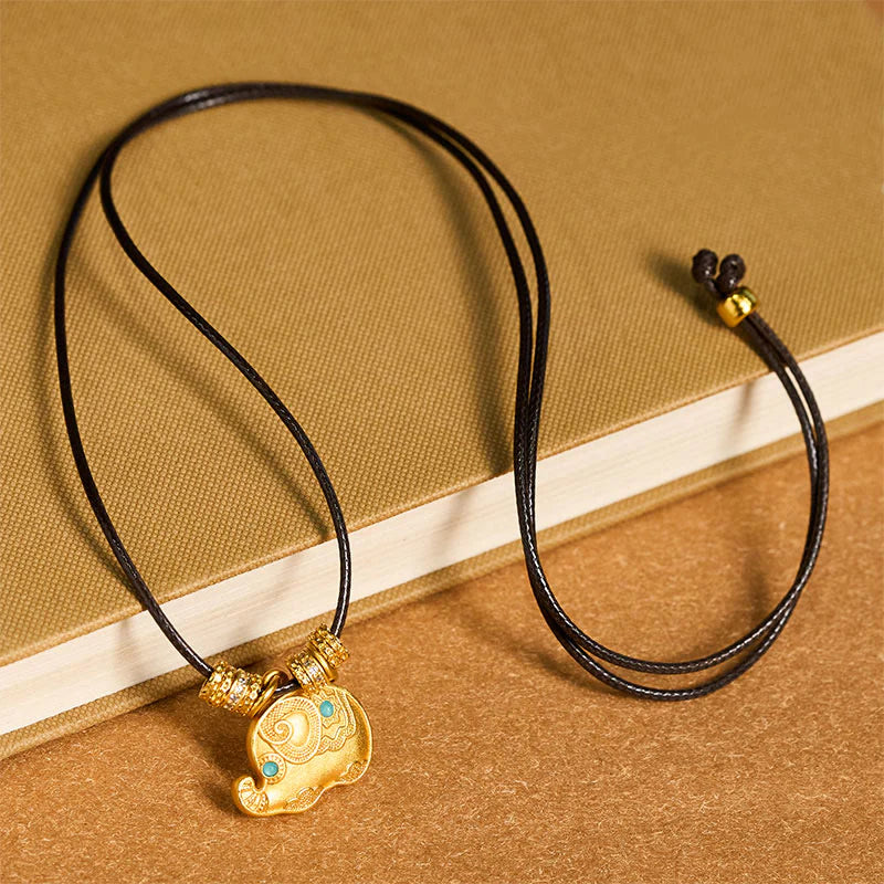 Buddha Stones Elephant Symbol 24k Gold Plated Brass Strength Rope Necklace Pendant