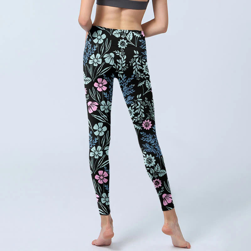 Buddha Stones Bold Color Contrast Flower Leaf Pattern Print Gym Leggings Women's Yoga Pants