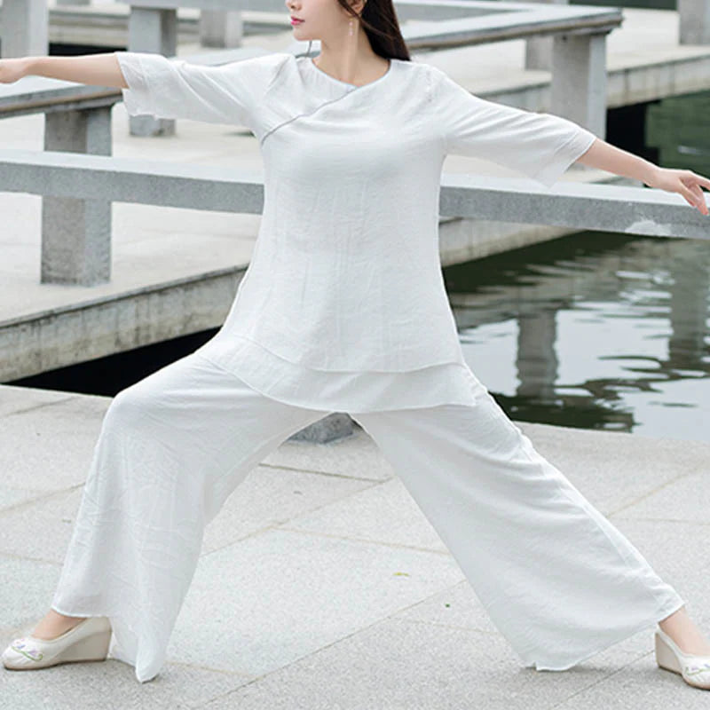 Buddha Stones 2Pcs Simple Design White Top Pants Meditation Yoga Zen Tai Chi Clothing Women's Set