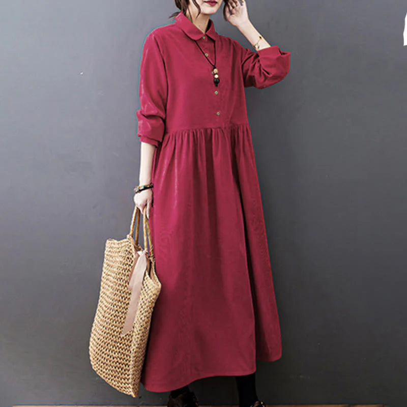 Buddha Stones Fall Buttons Design Long Sleeve Cotton Corduroy Midi Dress With Pockets