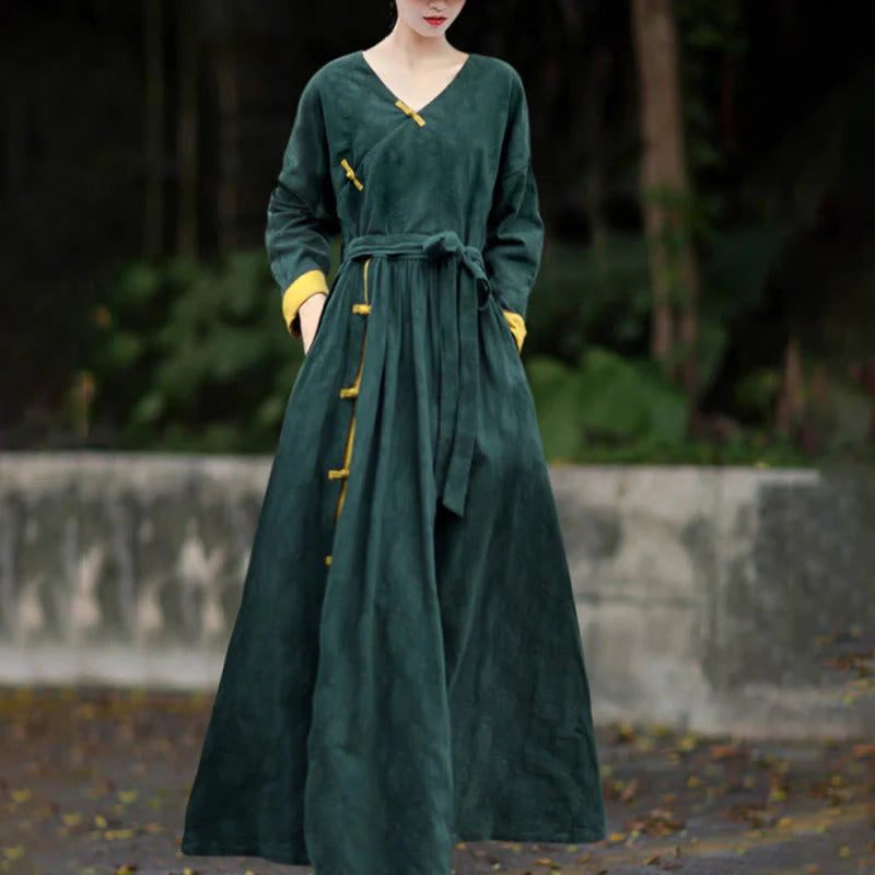 Buddha Stones Frog-Button Plain V-Neck Long Sleeve Cotton Midi Dress With Pockets