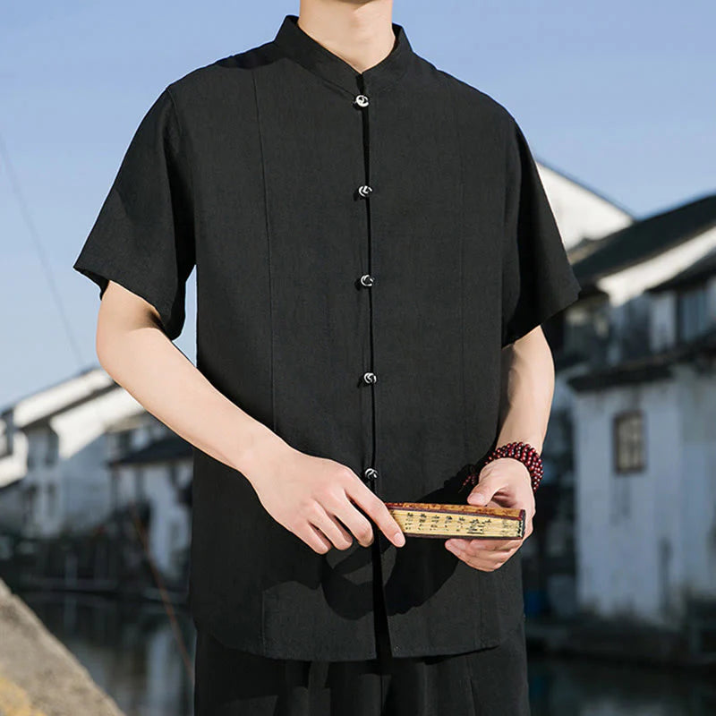 Buddha Stones Summer Solid Color Front Button Design Men's Half Sleeve Cotton Shirt