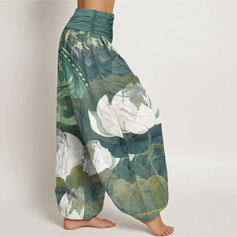 Buddha Stones Cotton White Lotus Leaves Pattern Casual Women's Elastic Waist Harem Pants