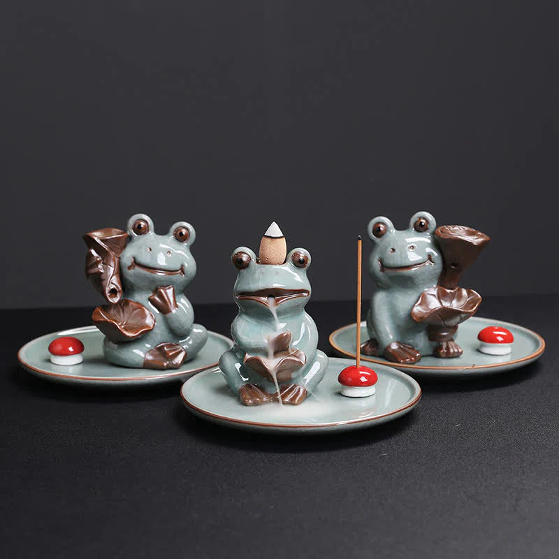 Buddha Stones Meditation Frog Ceramic Lotus Healing Incense Burner