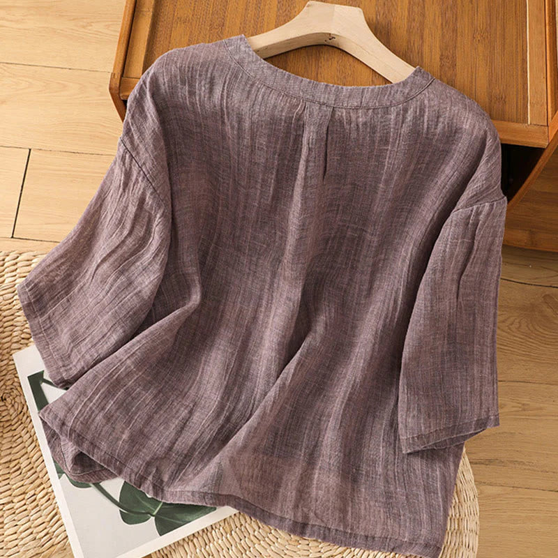 Buddha Stones Casual Summer Plain Crew Neck Women's  Cotton Linen Three Quarter Sleeve T-Shirt