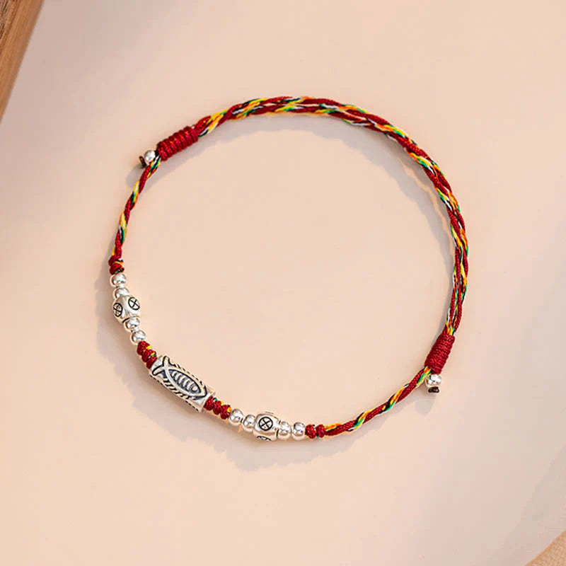 Buddha Stones 925 Sterling Silver Luck Koi Fish Braided Colorful String Bracelet Anklet