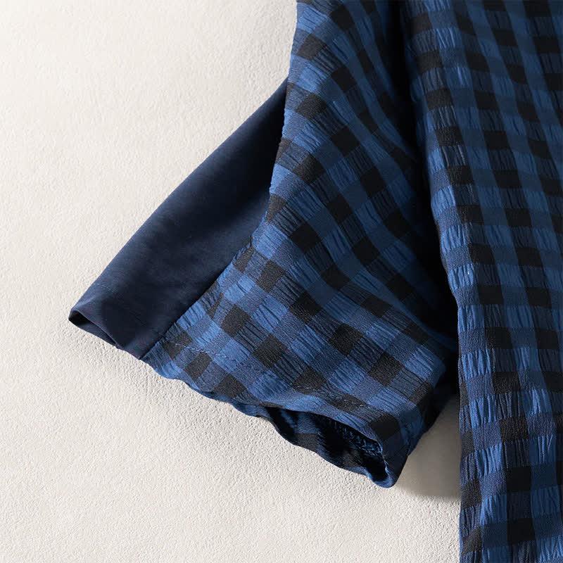 Buddha Stones Summer MidnightBlue Checked  A-line Pleated Crew Neck Knee Length Women's Short Sleeve Dress