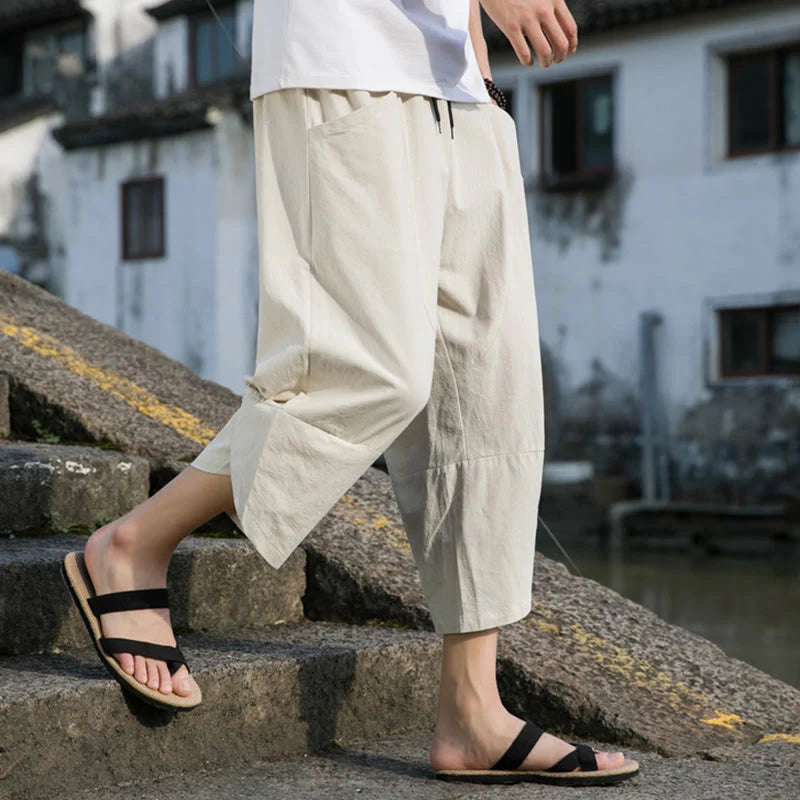 Buddha Stones Summer Casual Simple Plain Tapered Design Drawstring Men's  7-8 Length Cotton Linen Pants With Pockets