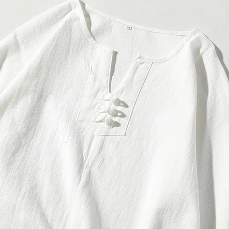 Buddha Stones 2Pcs Plain Notched Collar T-Shirt 7-8 Length Wide Leg Shorts With Pockets Cotton Linen Men's Meditation Cloth Set