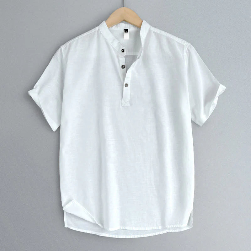 Buddha Stones Solid Color Men Short Sleeve Button Linen Shirt