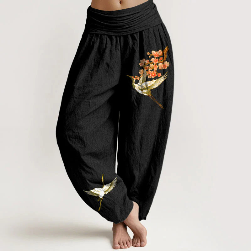 Buddha Stones Plain Crane Peach Blossom Pattern Women's Elastic Waist Harem Pure Cotton Pants