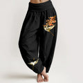 Buddha Stones Plain Crane Peach Blossom Pattern Women's Elastic Waist Harem Pure Cotton Pants