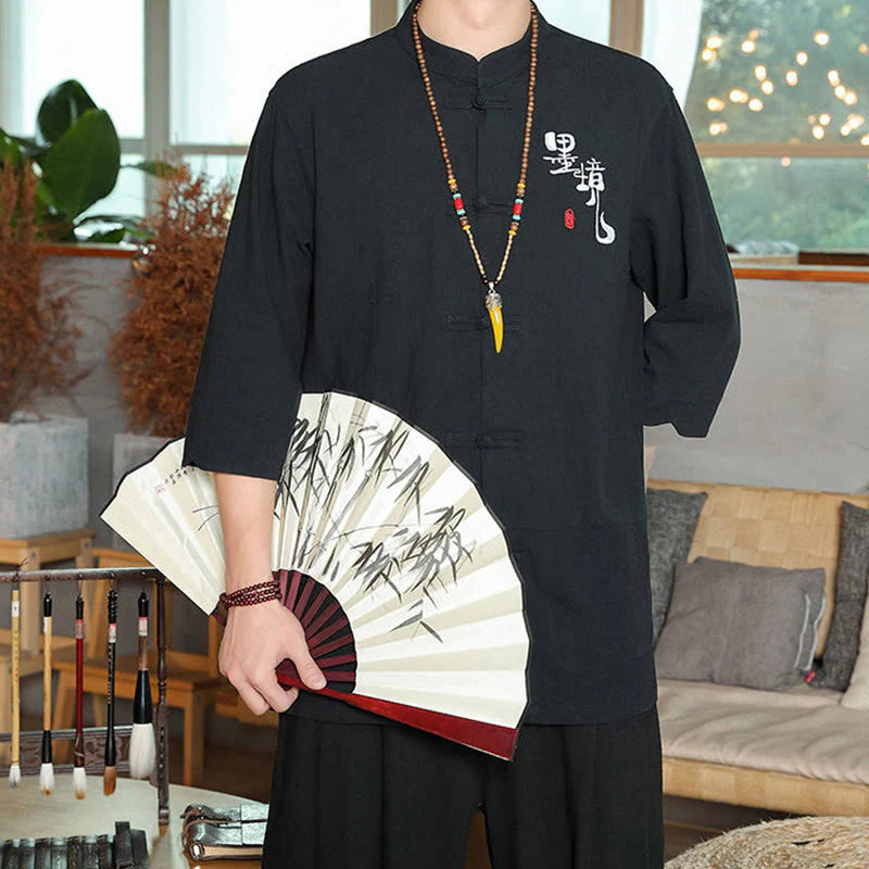 Buddha Stones Frog-Button Chinese Tang Suit Three Quarter Sleeve Cotton Linen Men's Shirt