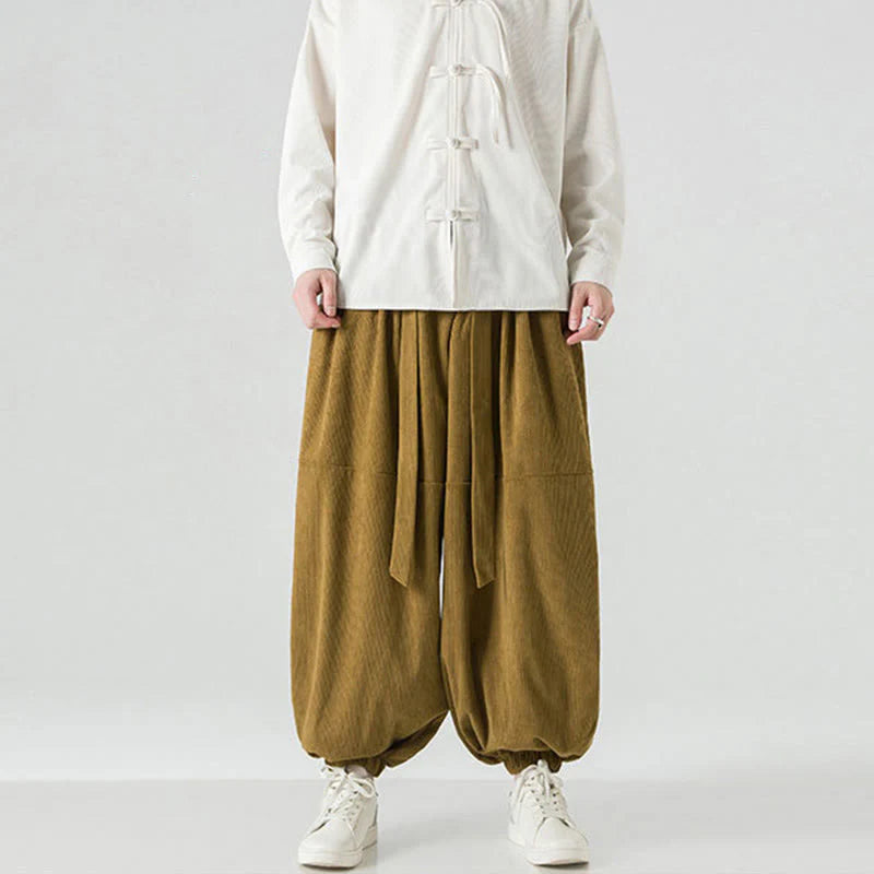 Buddha Stones Winter Solid Color Men's Harem Pure Cotton Corduroy Pants With Pockets