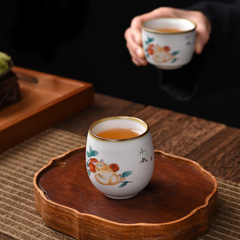 Buddha Stones Cute Lying Cat Branches Teacup Kung Fu Tea Cup