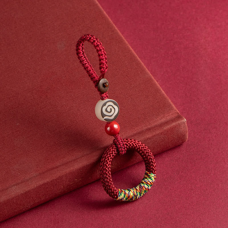 Buddha Stones Handwoven Colorful Thread String Buckle Ivory Fruit Cinnabar Key Chain Phone Hanging Decoration