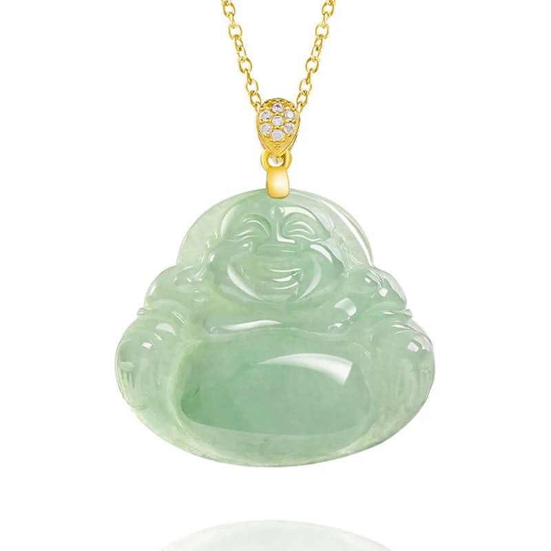 Buddha Stones Natural Jade Laughing Buddha Luck Prosperity Titanium Steel Chain Necklace Pendant