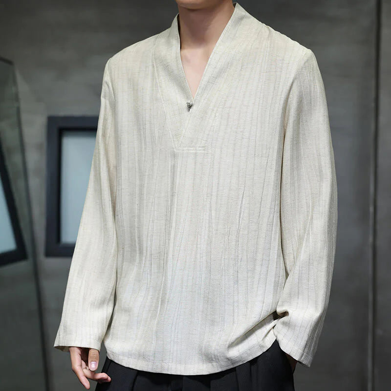 Buddha Stones Plain V-Neck Long Sleeve Men's Linen Shirt