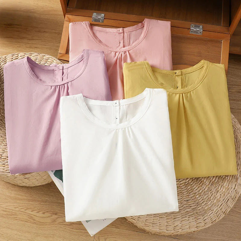 Buddha Stones Plain Lace Hem Single Breasted Button Cotton Linen Three Quarter Sleeve Women's Crew Neck Shirt