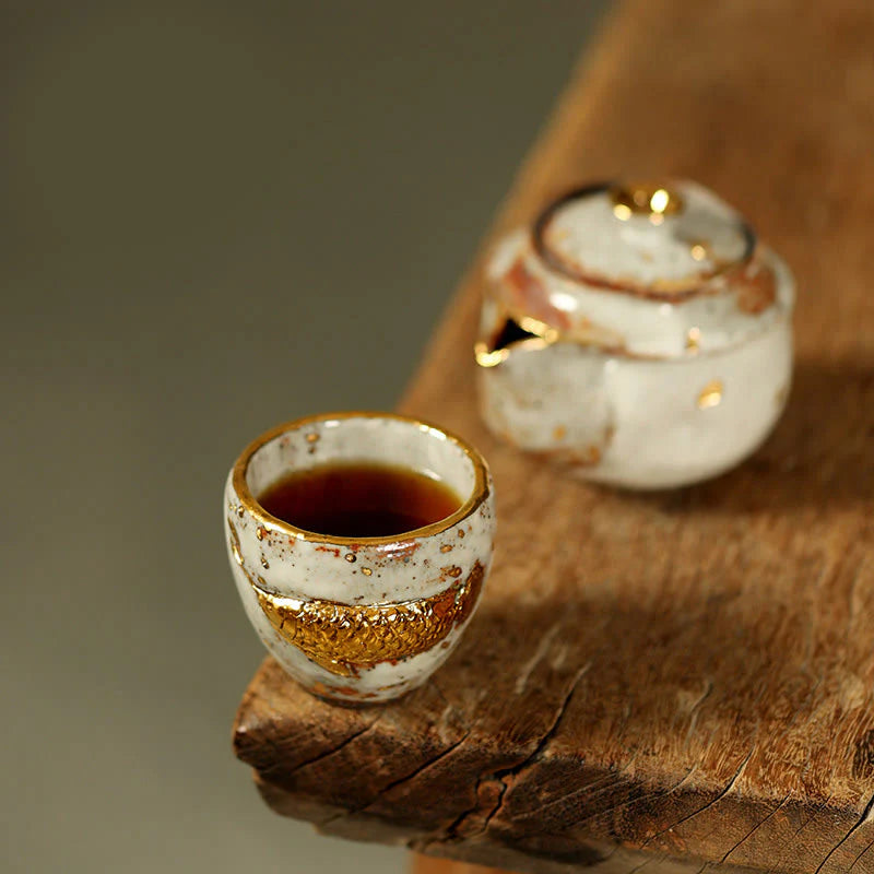 Buddha Stones Handcrafted Golden Arowana Koi Fish Ceramic Teacup Kung Fu Tea Cup Teapot