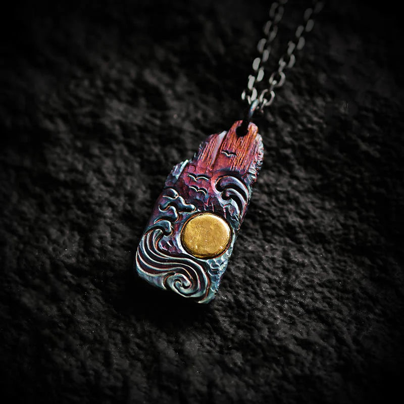 Buddha Stones 999 Sterling Silver 24k Gold Waves Sun Balance Necklace Pendant