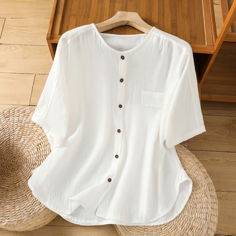 Buddha Stones Casual Plain Buttons Half Sleeve Women's Cotton Linen Shirt With Pocket