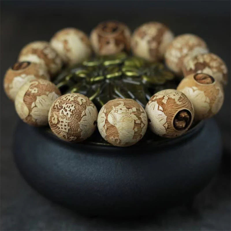 Buddha Stones Camphor Wood Yin Yang Ox Engraved Clarity Bracelet