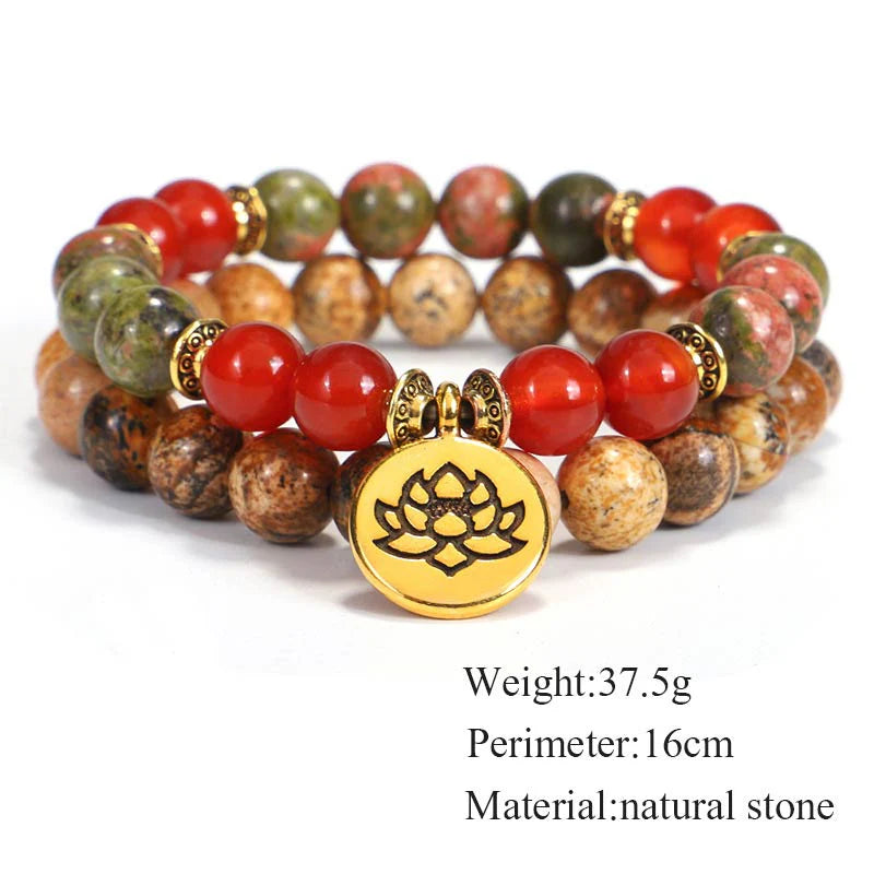 Buddha Stones Tibetan Picture Jasper Positive Lotus Bracelet Set (Extra 35% Off | USE CODE: FS35)