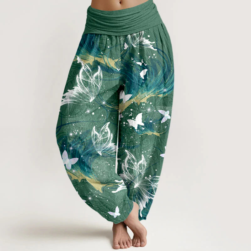 Buddha Stones Pure Cotton Dreamlike Butterfly Line Pattern Women's Elastic Waist Harem Pants