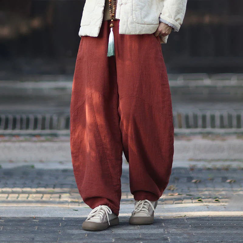 Buddha Stones Winter Elastic Waist Ramie Cotton Thermal Women's Pants With Pockets