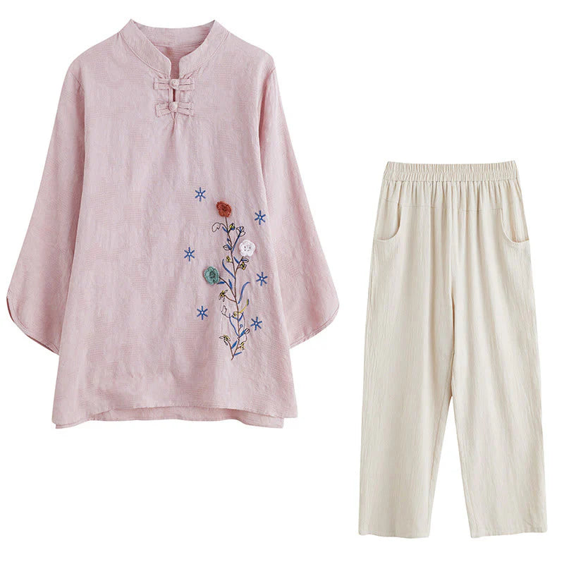 Buddha Stones Vintage Summer Stereoscopic Flower Embroidery Three Quarter Sleeve Frog-Button Cotton Linen Women's Shirt