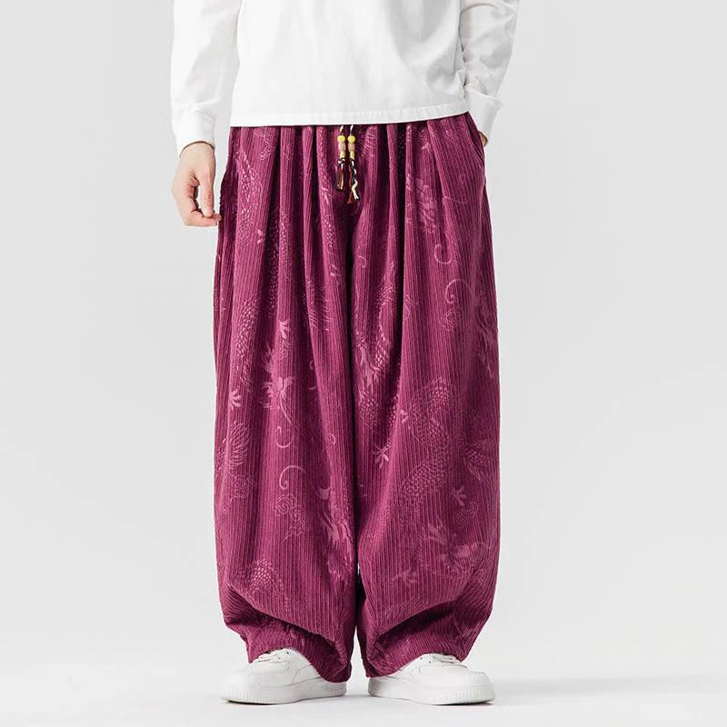 Buddha Stones Winter Dragon Phoenix Pattern Cotton Corduroy Men's Harem Pants With Pockets