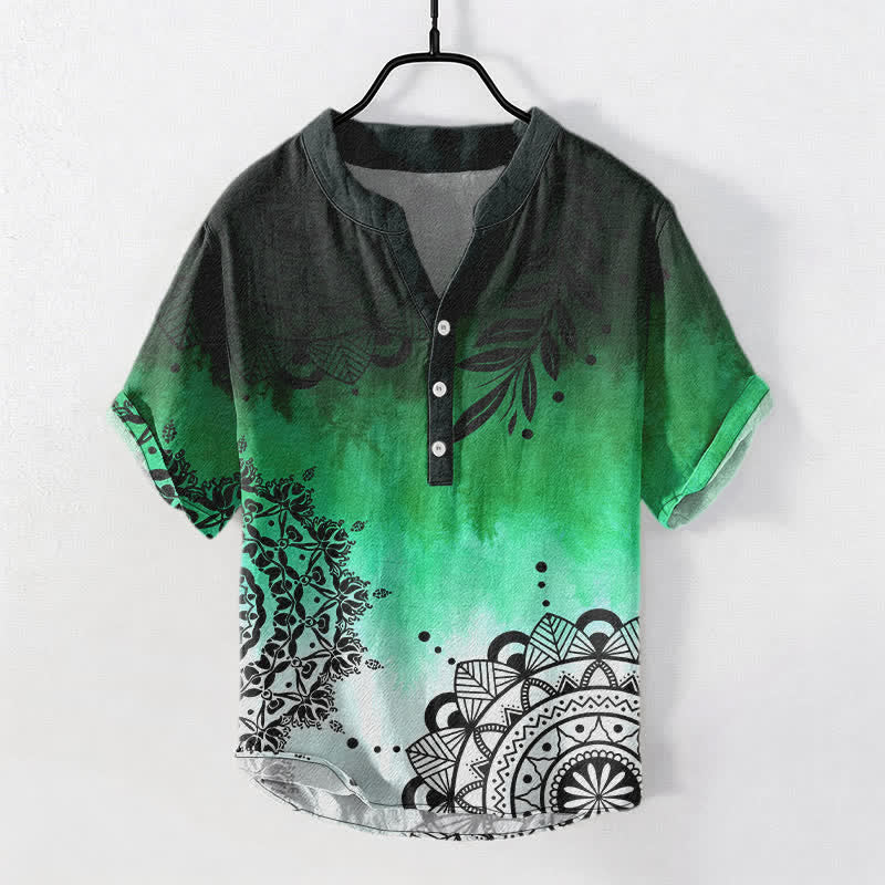 Buddha Stones Cotton Mandala Pattern Men's Short Sleeve Half Button Shirt