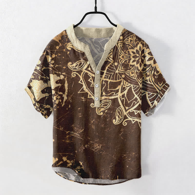 Buddha Stones Cotton Lotus Mandala Emblem Men's Short Sleeve Half Button Shirt