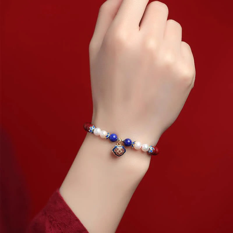 Buddha Stones Cinnabar Lapis Lazuli Chinese Lock Charm Blessing Bracelet
