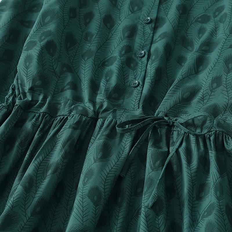 Buddha Stones Spring Grass Vines Print Buttons Design Long Sleeve Midi Dress With Pockets