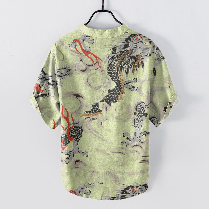Buddha Stones Cotton Dragon Print Henley Men's Short Sleeve Half Button Shirt