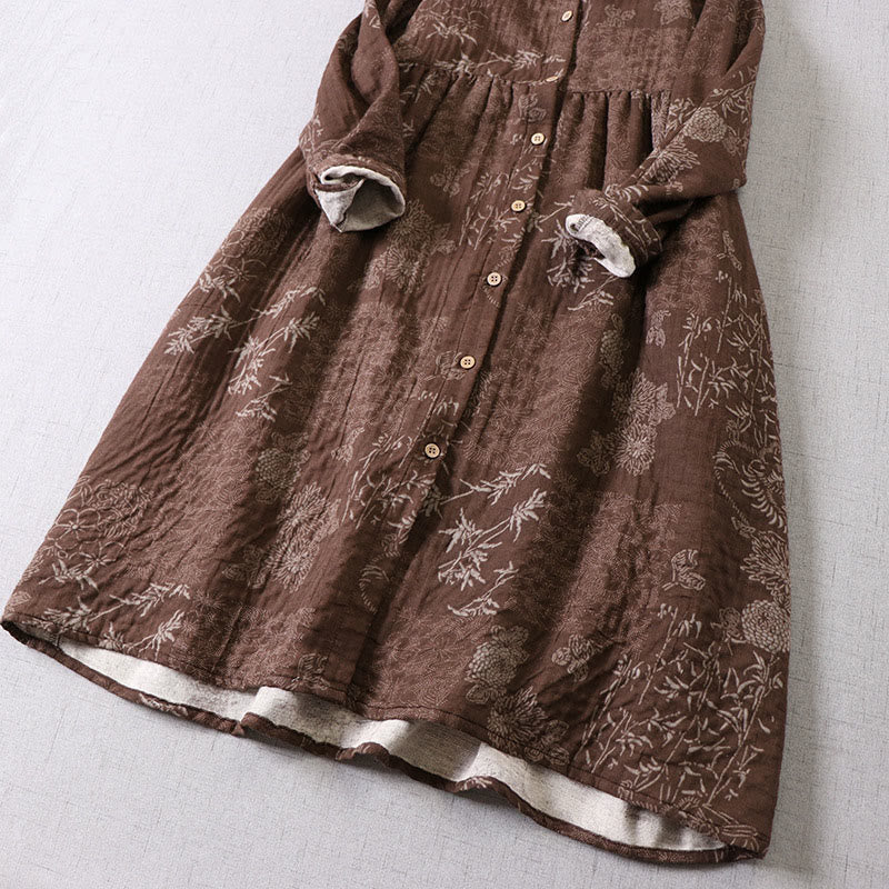 Buddha Stones Commute Bamboo Floral Pattern Long Sleeve Buttons Women's Cotton Midi Dress With Pockets
