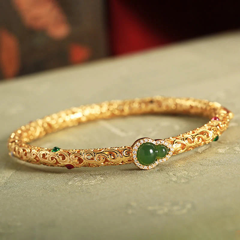 Buddha Stones Cyan Jade Copper Plated Gold Auspicious Clouds Gourd Luck Bracelet Bangle