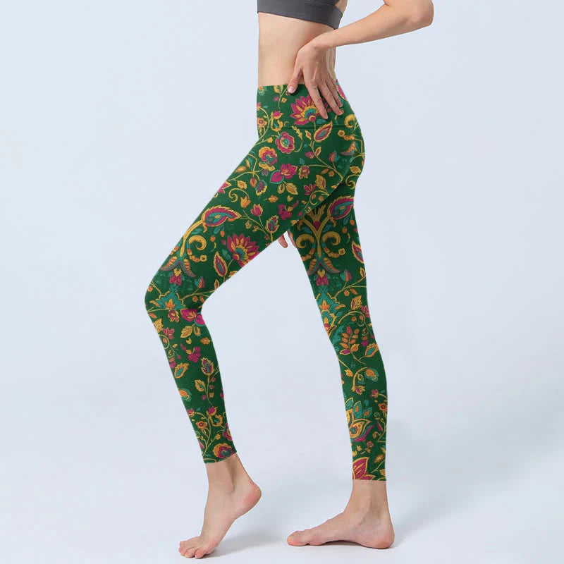 Buddha Stones Brightly Colored Flower Leaf Pattern Gym Leggings Women's Yoga Pants