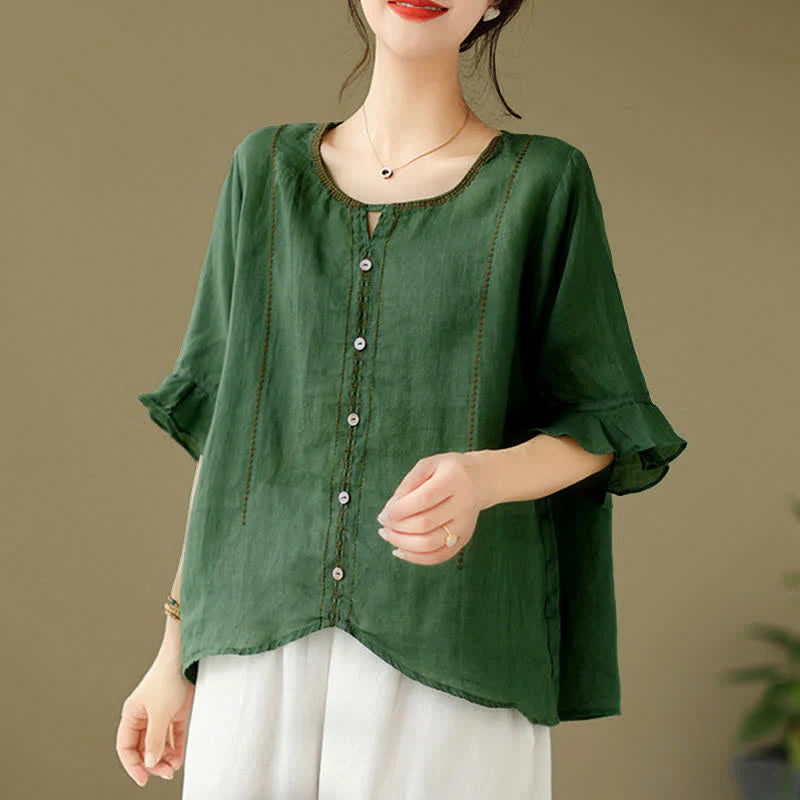 Buddha Stones Embroidery Buttons Crew Neck Flared Short Sleeve Women's Shirt