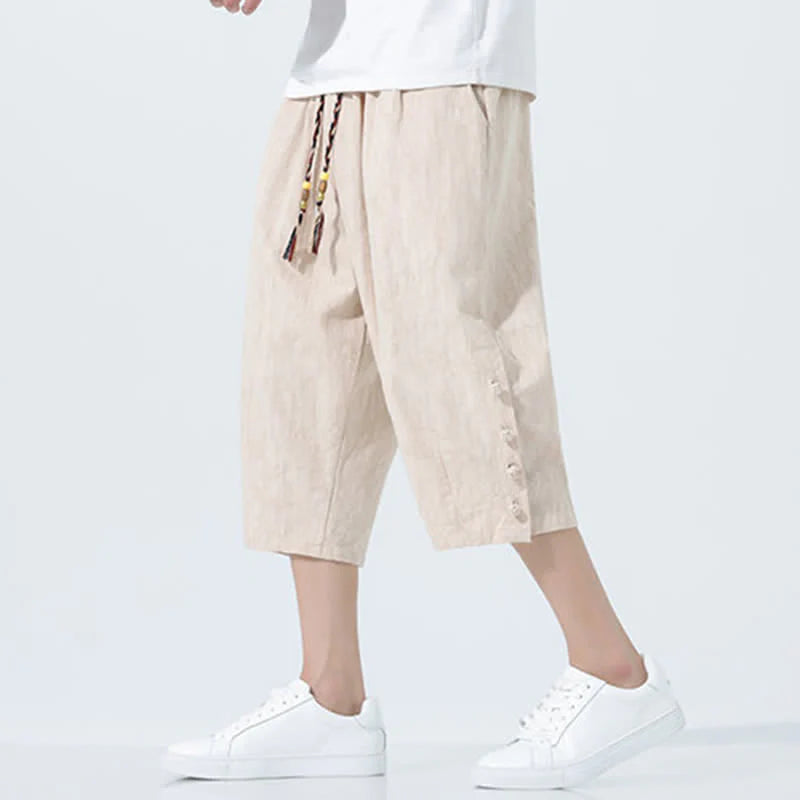 Buddha Stones Summer Drawstring Elastic Waist Men's CapriÂ Tapered Pants