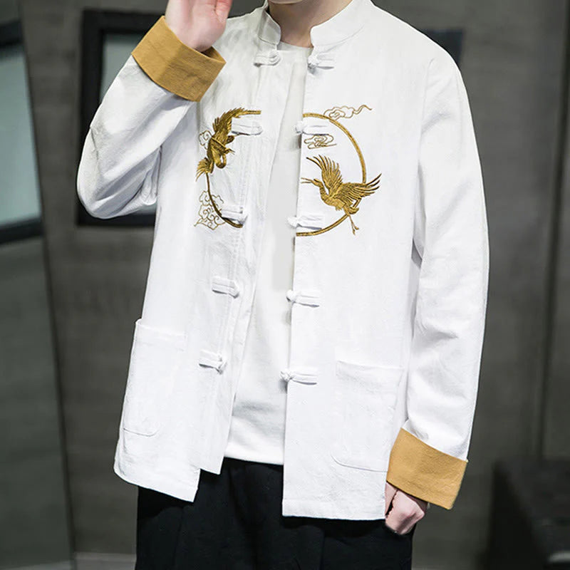 Buddha Stones Embroidery Cranes Pattern Frog-Button Men's Cotton Long Sleeve Jacket With Pockets