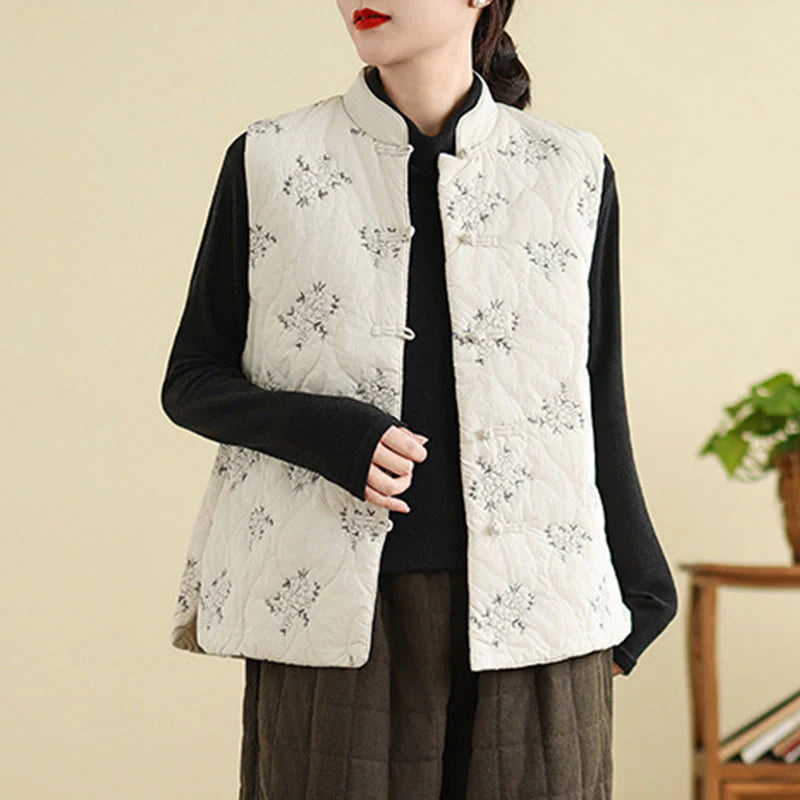Buddha Stones Embroidered Frog-Button Women's Sleeveless Cotton Vest Waistcoat With Pockets