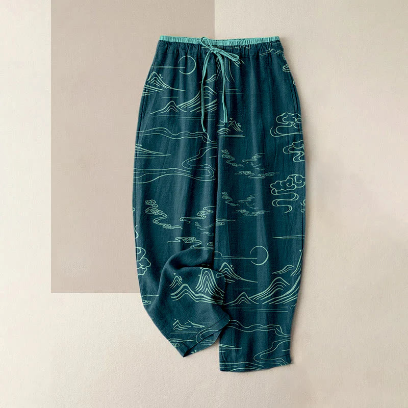 Buddha Stones Cotton Casual Mountain Moon Auspicious Clouds Pattern Women's Elastic Waist Pants With Pockets