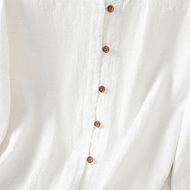 Buddha Stones Spring Solid Color Simple Hem Slit Design Cotton Linen Women's Shirt